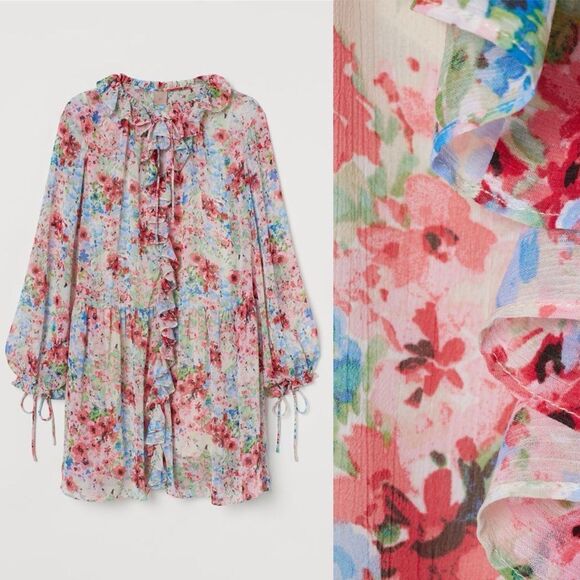 H&M- Women’s Water Color Floral Ruffle Short Flounced Long Sleeve Dress, Large - Picture 1 of 12